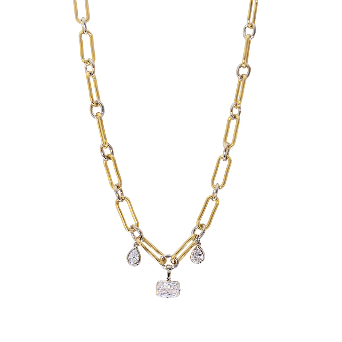 Two-Tone Chain Link Necklace With Gem Drops
