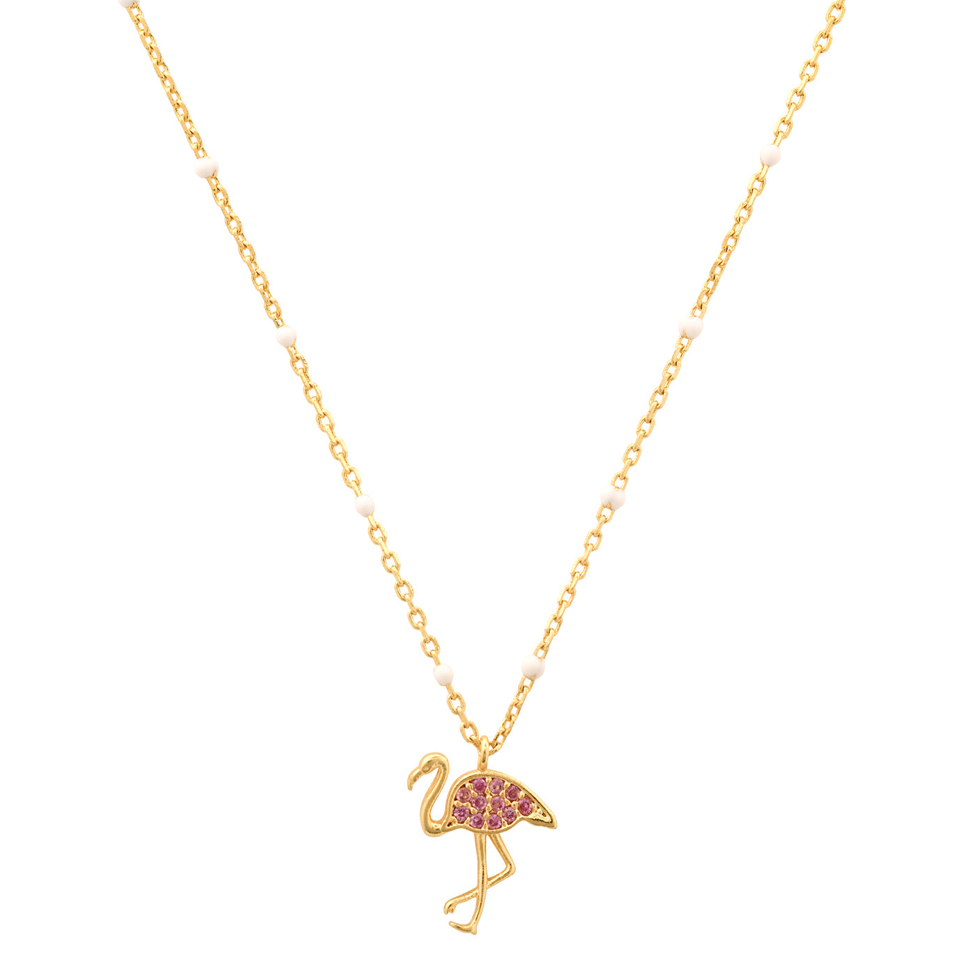 Enamel Beaded Chain with CZ Flamingo Pendant