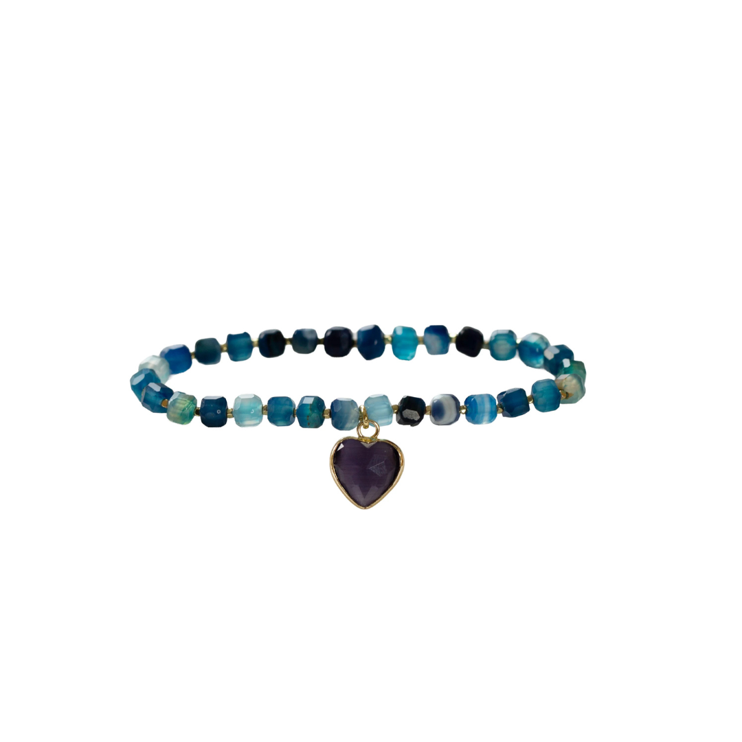 Remy Blue Agate Stretch Bracelet With Heart Charm