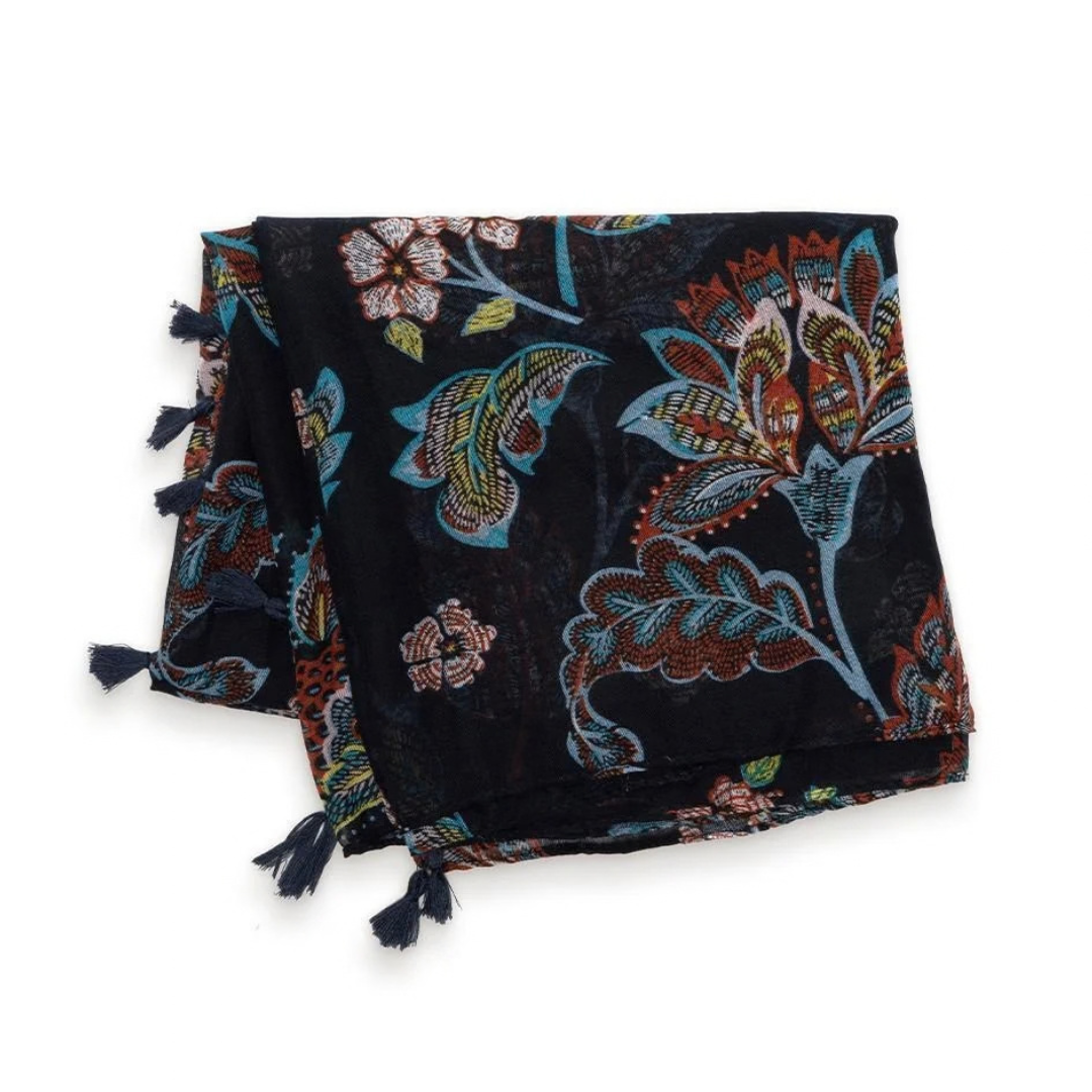 Navy Autumnal Floral Scarf With Tassels