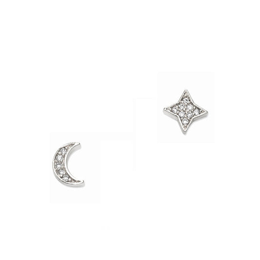 Silver CZ Mix Star & Moon Stud Earring