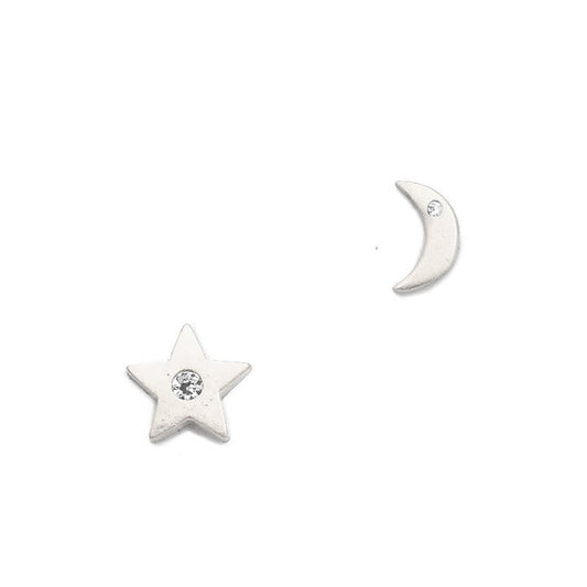 Matte Silver Star and Moon Mismatched Studs
