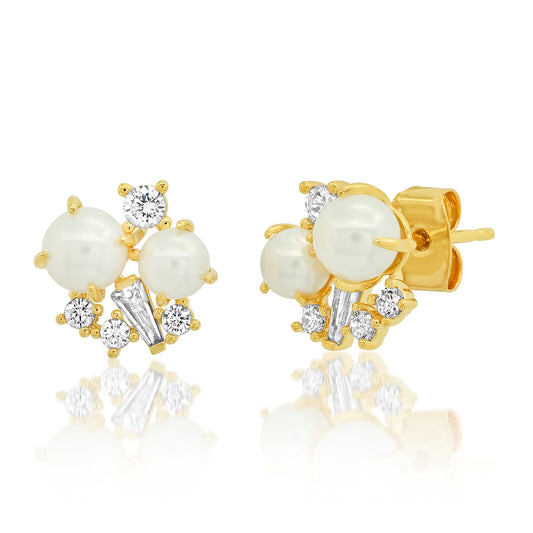 Pearl and CZ Cluster Earrings
