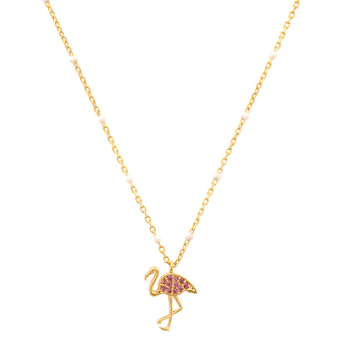 Enamel Beaded Chain with CZ Flamingo Pendant