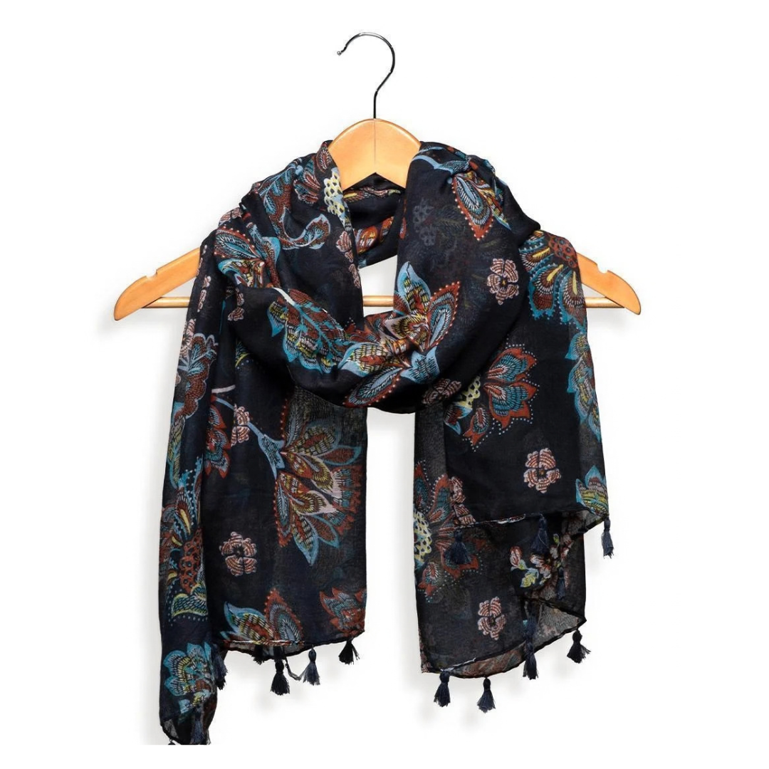 Navy Autumnal Floral Scarf With Tassels