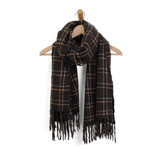 Black Check Plaid Fringe Scarf